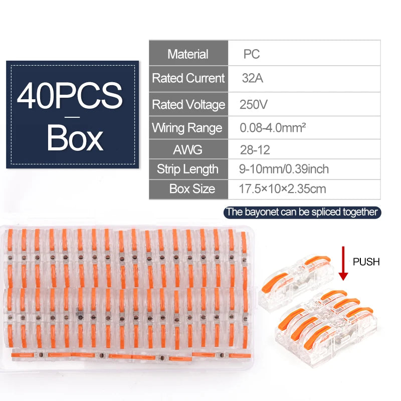 40PCS Lever Wire Connectors 1 in 1 out Quick Connect Electrical Splicing Kit for Compact Inline Terminals - 28-12 AWG