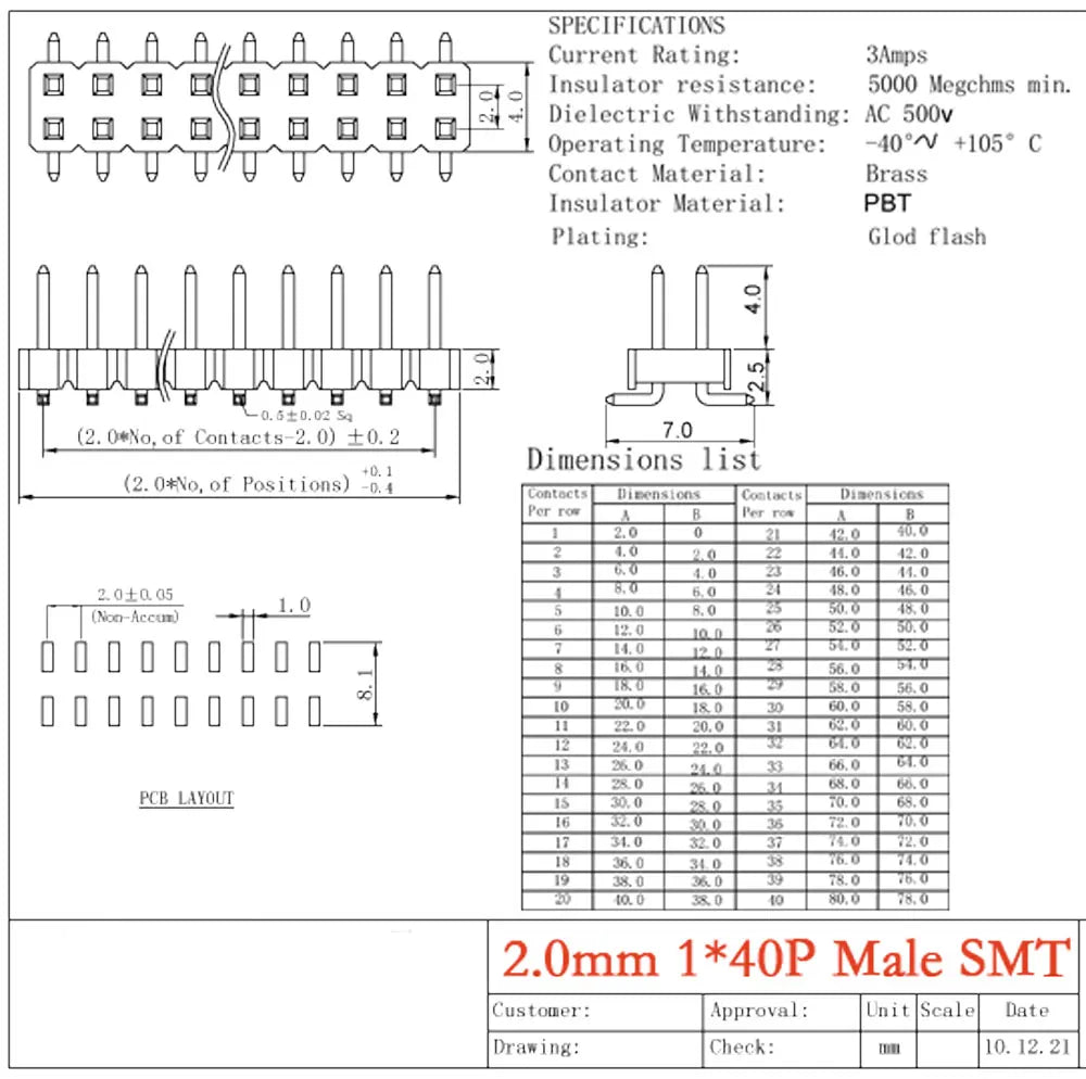 10CS Pitch 2.0mm 1x40 2x40 Pin Single Double Row Right Angle Straight SMT SMD Round Male Header Connector