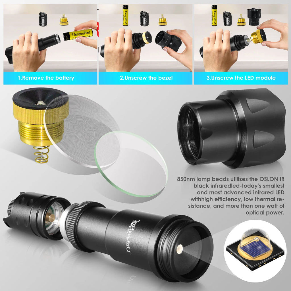 UniqueFire 2002D LED IR 940nm 850nm 810nm Hunting Flashlight Fresnel Lens Zoom Night Vision Dimmer Swtich Torch Max.1000 Meters
