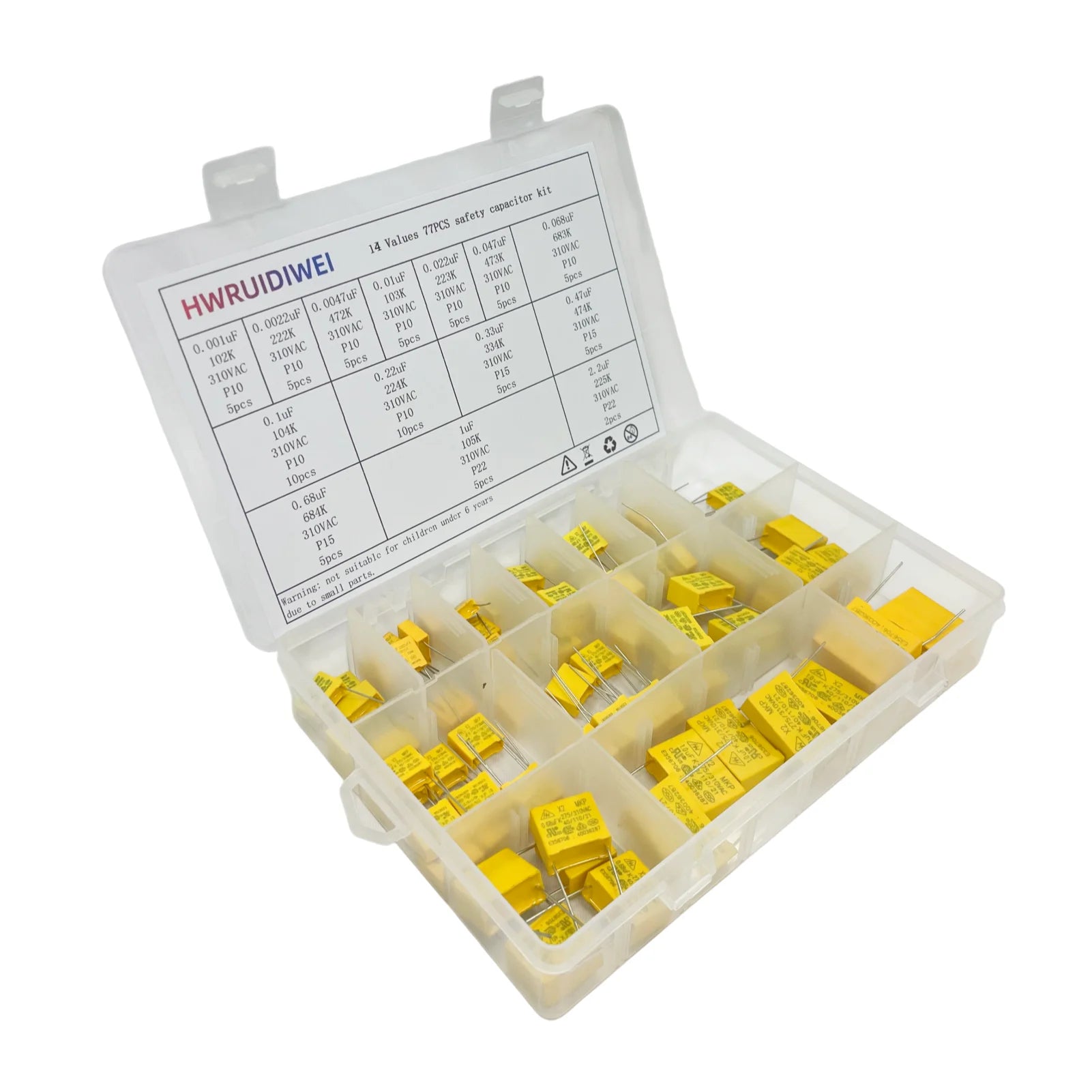 77PCS Safety Capacitor Kit 0.001uf-2.2uf 275VAC/310VAC P10-P22