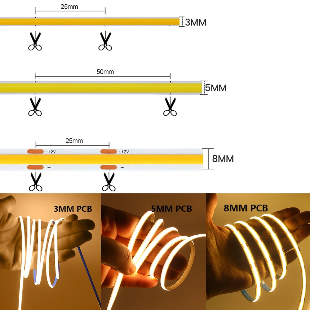 3mm 5mm 8mm PCB COB LED Strip Light 5V 12V 24V 320LEDs/m High Brightness Flexible Tape Warm Natural White Red Green Blue 0.5m 5m