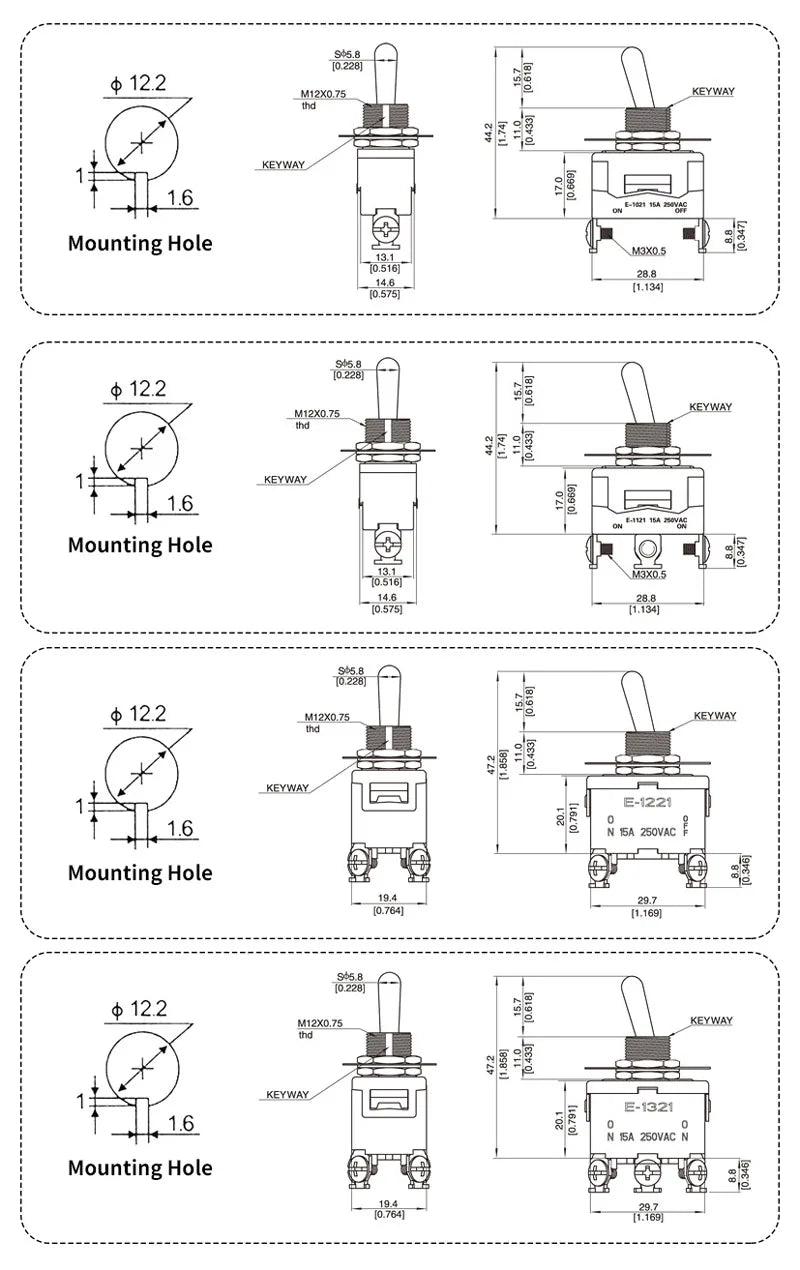 Toggle Switch SPST DPDT 250V 15A 2 3 Position Latching ON-OFF ON-ON ON-OFF-ON E-1322 1021 1122 1121 1221 1321 Cap Waterproof