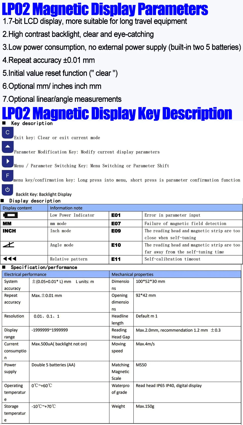 7-Bit LCD Display LP02 Integrated Embedded Magnet Measurement System Magnetic Tape with Stain Belt Profile