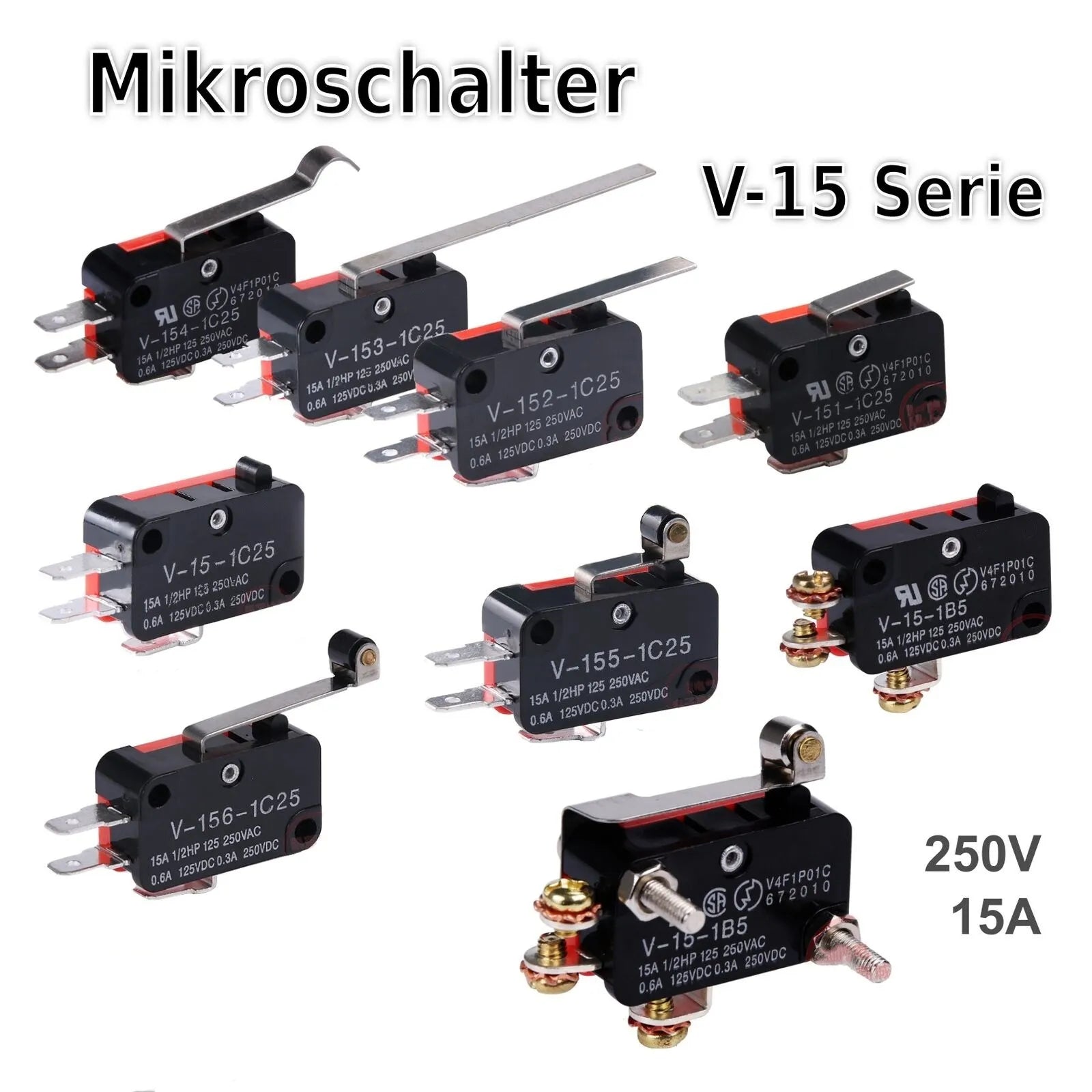 V-15 V-151 V-152 V-153 V-154 V-155 V-156-1C25 Micro Switch 16A 250VAC SPDT Momentary Travel Limit Switch 1NO1NC Lever Roller
