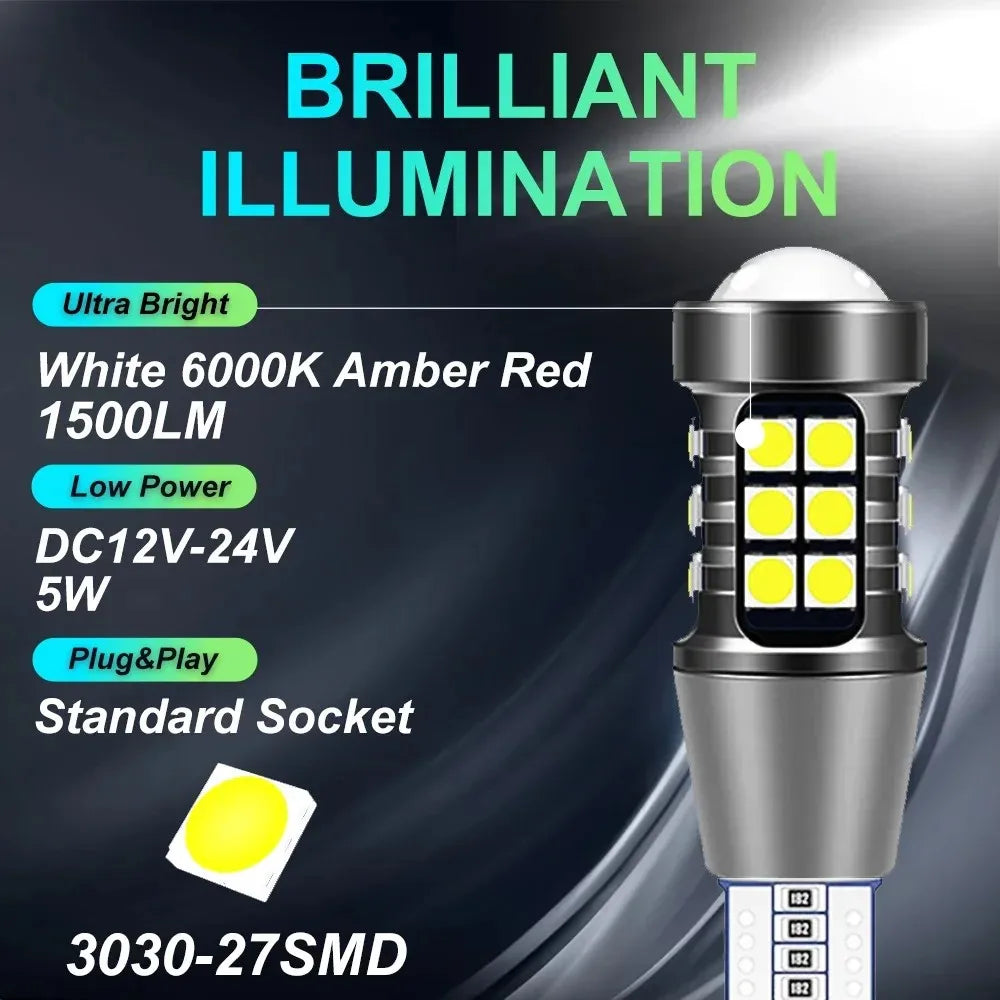 2Pcs T15 LED Bulb W16W LED Lamp Canbus No Error 3030 27SMD 912 921 Lights 12V Car Backup Reverse Light 1500LM 6000K Red Amber