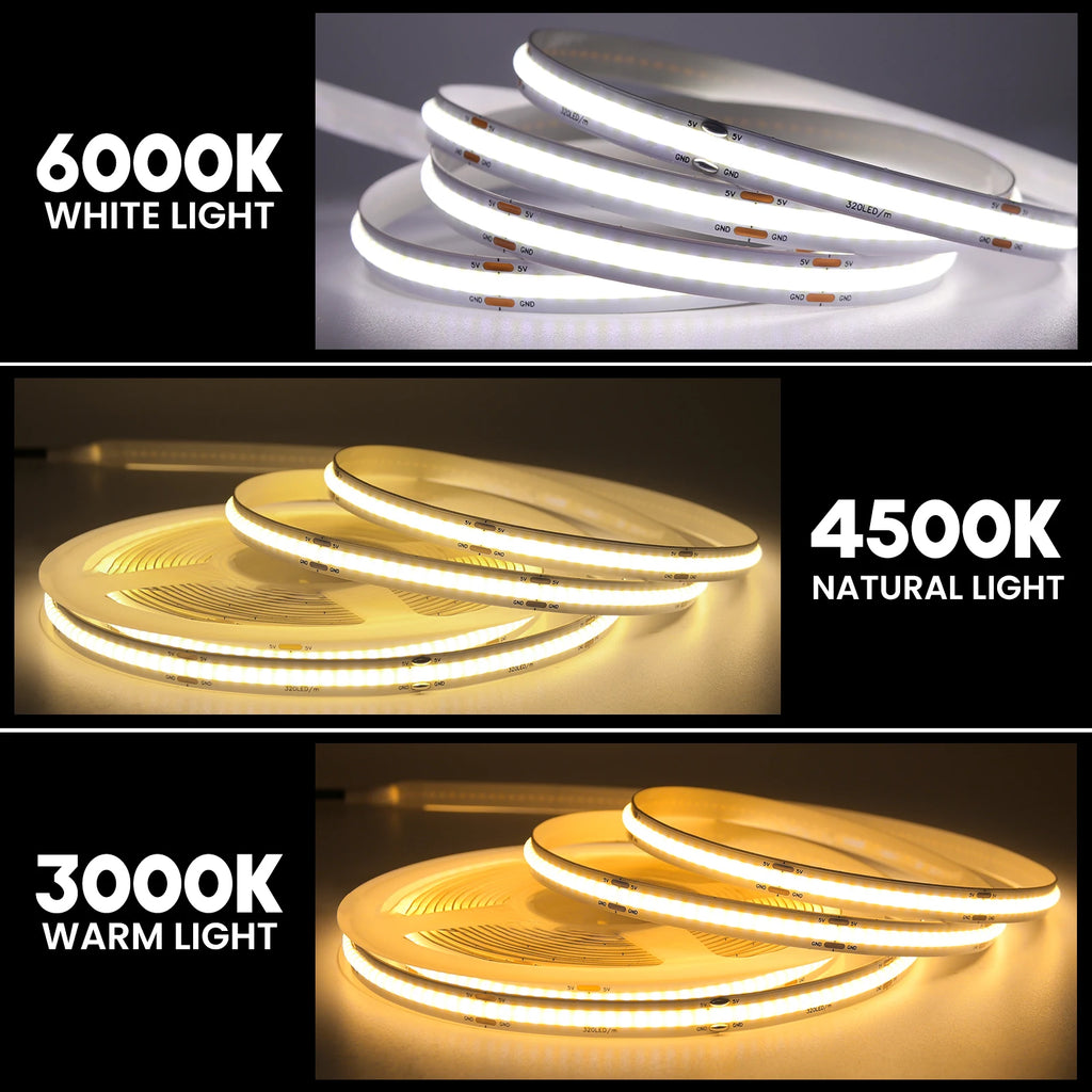 5V USB COB Led Strip Light 320 Leds/M White/Red/Green/Blue/Ice Blue/Pink PCB 3MM 5MM 8MM Flexible Ribbon Night Lamp TV Backlight
