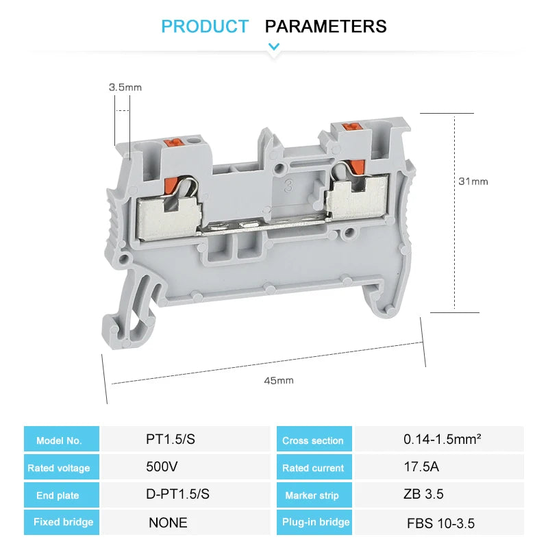 PT-1.5 Push-in Electrical Terminal Block, Din Rail Wire Connector, Spring Feed-Through Strip Cable Plug PT1.5,  1.5mm