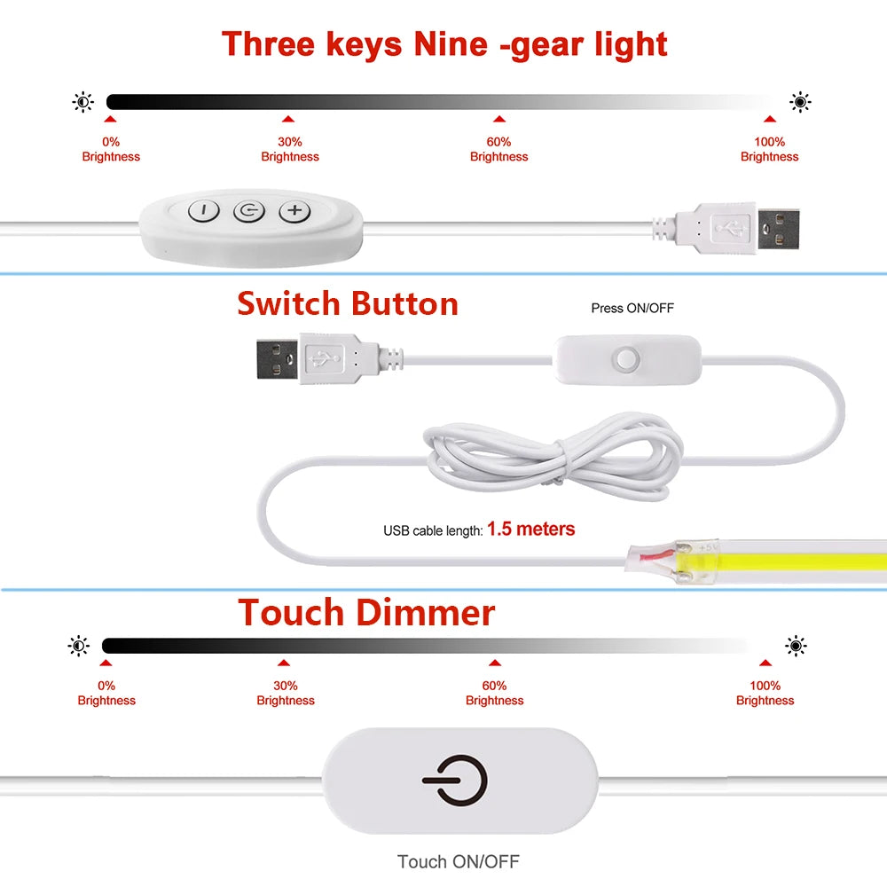 DC 5V COB LED Strip Light With USB 2PIN Wire DC Plug 8MM 320LED High Density Flexible Tape 3000K 4000K 6000K Warm Natural White