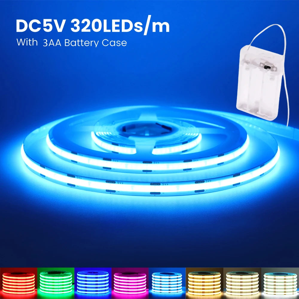 3mm 5mm PCB Battery Power COB LED Strip Light 5V Warm Natural White Blue Red Green Pink Tape 320LEDs 8mm High Density Flex Lamp