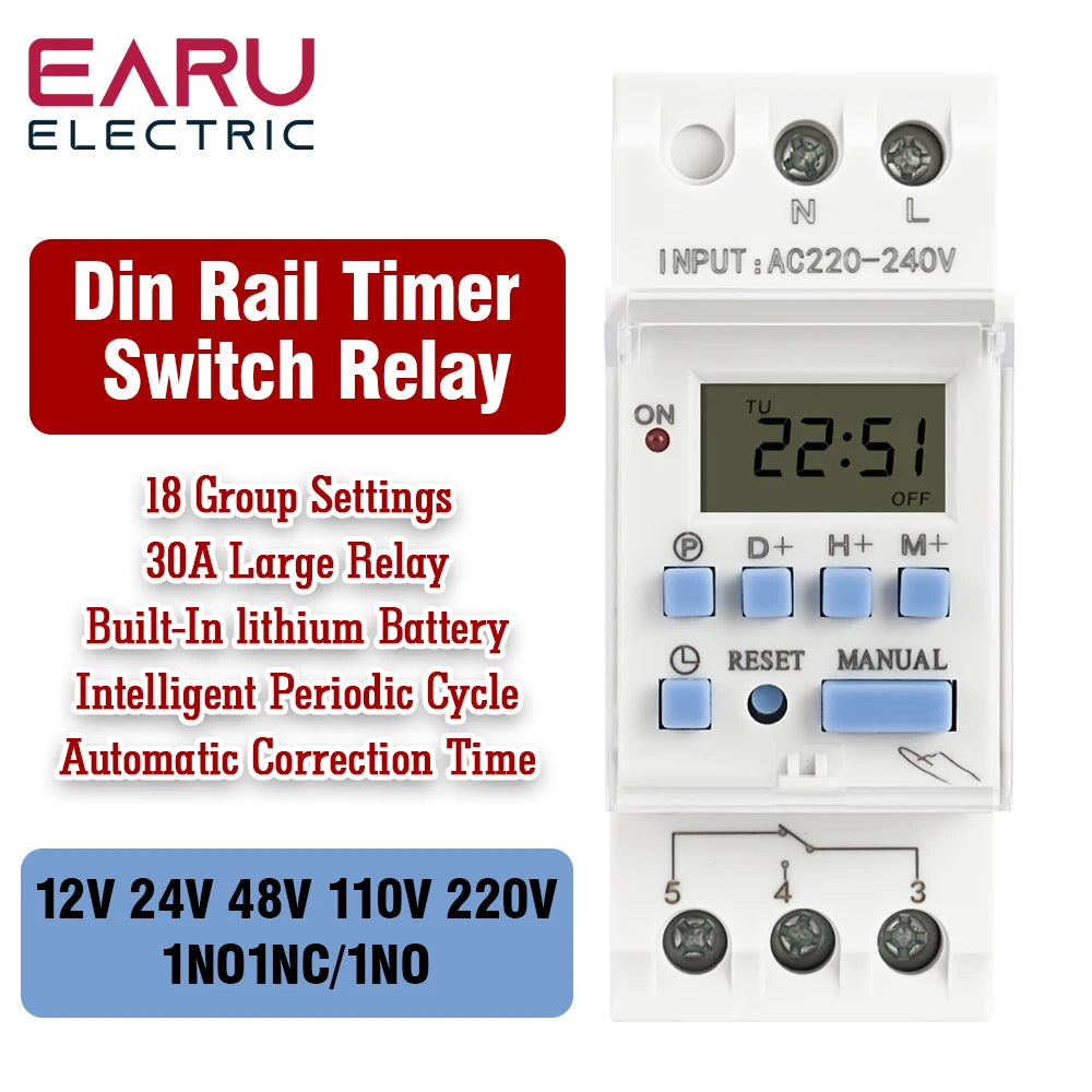 Electronic Weekly 7 Days Programmable Digital Timer Switch Relay Timer Control Din Rail THC AC 220V 230V 110V DC 12V 24V 48V 30A