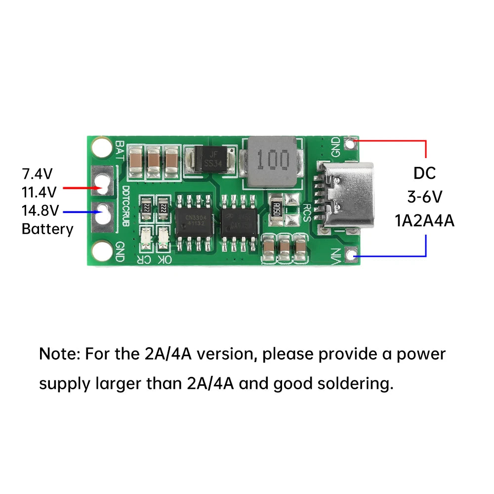 Type-C BMS 2S 3S 4S 1A 2A 4A 18650 Lithium Battery Charger Board Step-up Boost Module Li-Po Polymer Li-Ion Charger 8.4V 12.6V