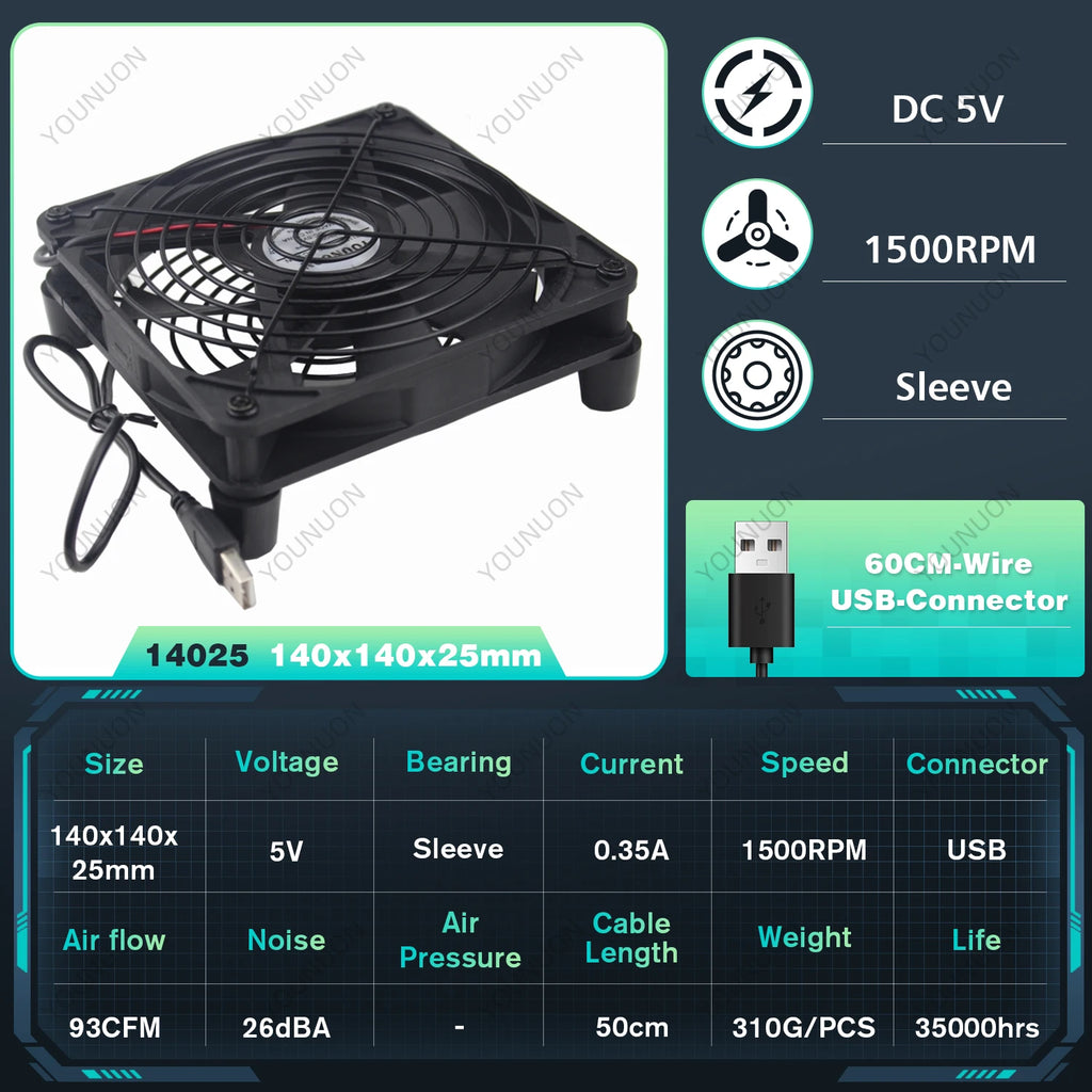 5V USB Router Fan 80mm 92mm 120mm 140mm DIY TV Box Ball/Sleeve Cooler & Protective Net Desktop Cooling Fan