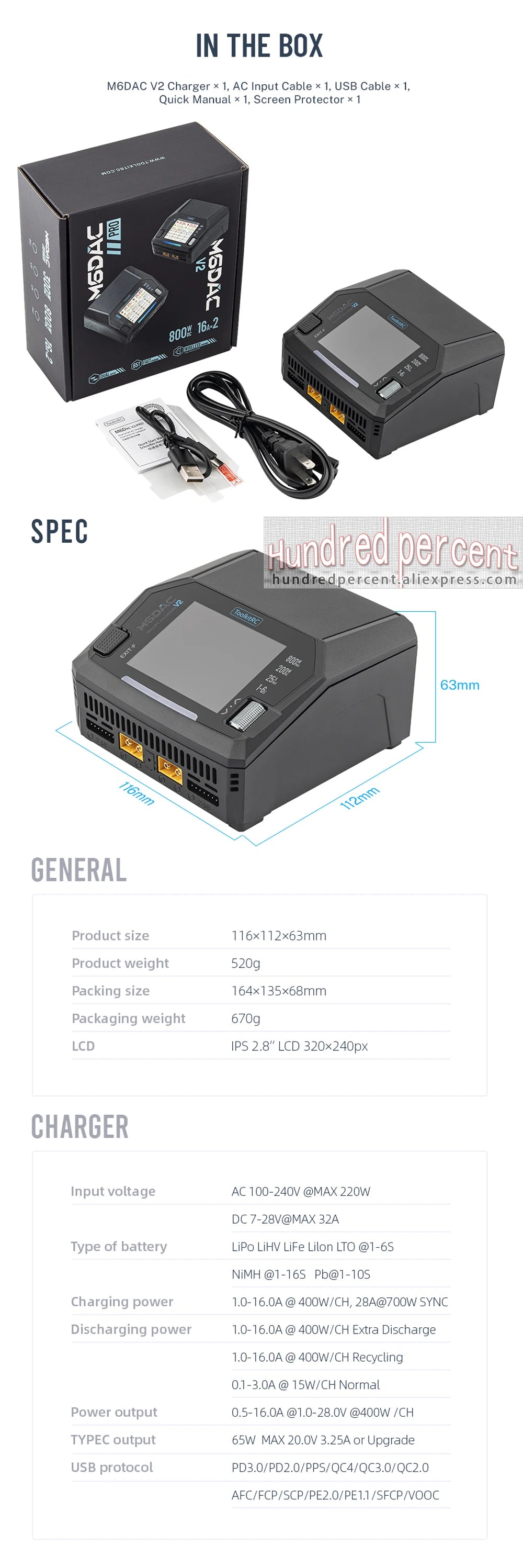 ToolkitRC M6DAC PRO V2 Intelligent Charger Dual Channel AC 200W DC 800W 16A Lithium Battery 1S 2S 3S 4S 5S 6S LiHV Lipo PD65W