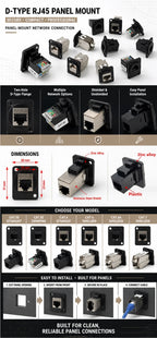 D Type RJ45 CAT5E CAT6 CAT6A CAT7 Panel Mount Feed Through Connector Shielded Ethernet Socket for Rack Cabinet Wall Plate 8P8C