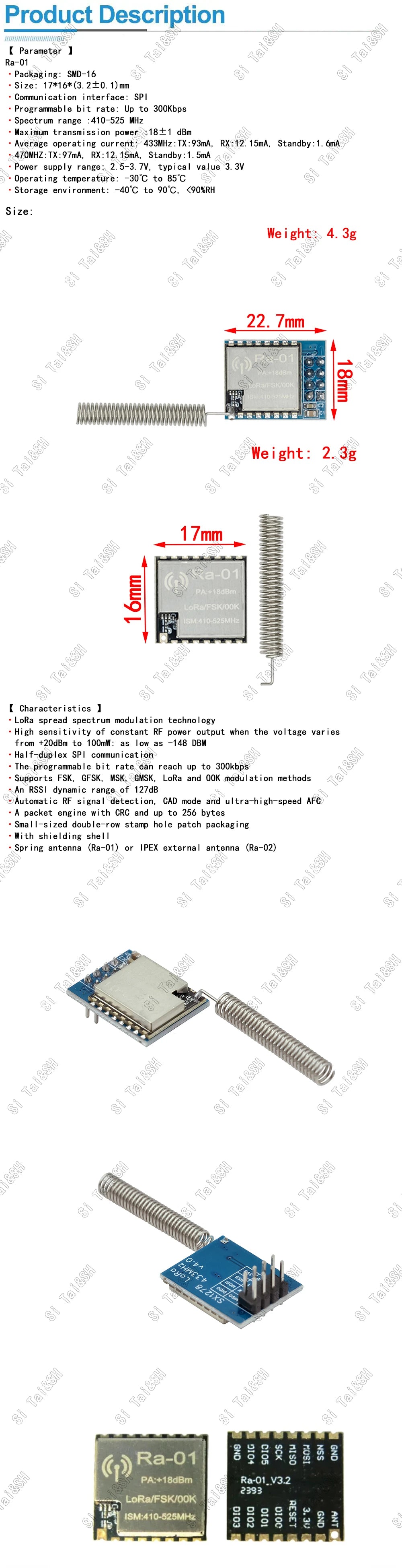 1~10PCS RA-01 RA-02 LoRa SX1278 433Mhz Wireless Spread Spectrum Transmission Module Most Distant 10KM For arduino