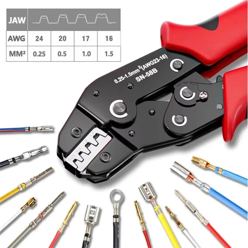 Versatile Ratchet Crimping Tool Set for Open Barrel Terminals Including Dupont, Molex, JST, TE, and SATA Pins