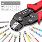 Versatile Ratchet Crimping Tool Set for Open Barrel Terminals Including Dupont, Molex, JST, TE, and SATA Pins