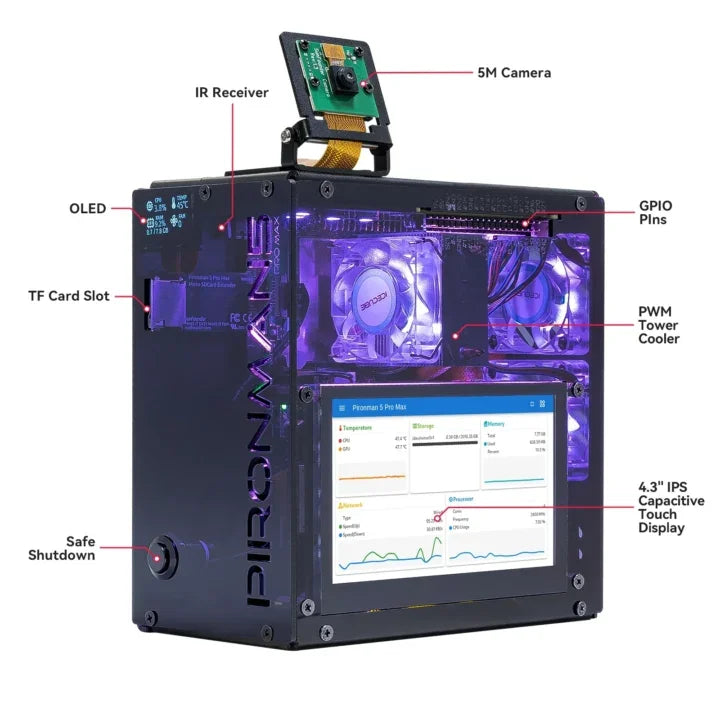 Pironman 5 Pro Max Case for Raspberry Pi 5 4.3" Touchscreen Enclosure with Camera Mount Speakers USB Mic