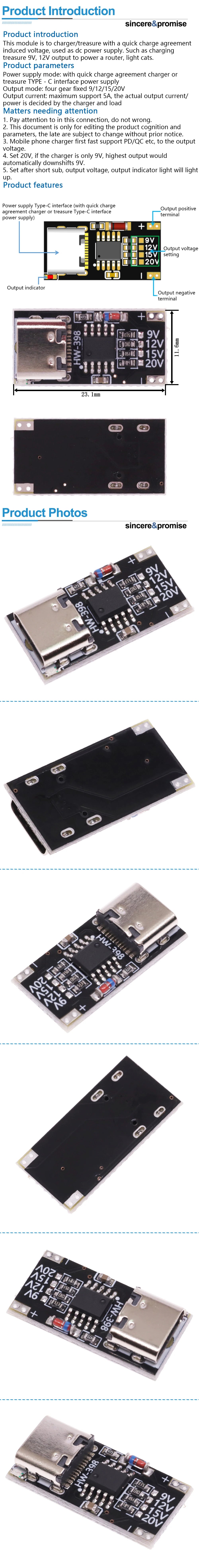 9V 12V 15V 20V Trigger Board Module PD/QC Decoy Board Fast Charge USB Type-C 5A High Speed Charger Power Delivery Boost Module