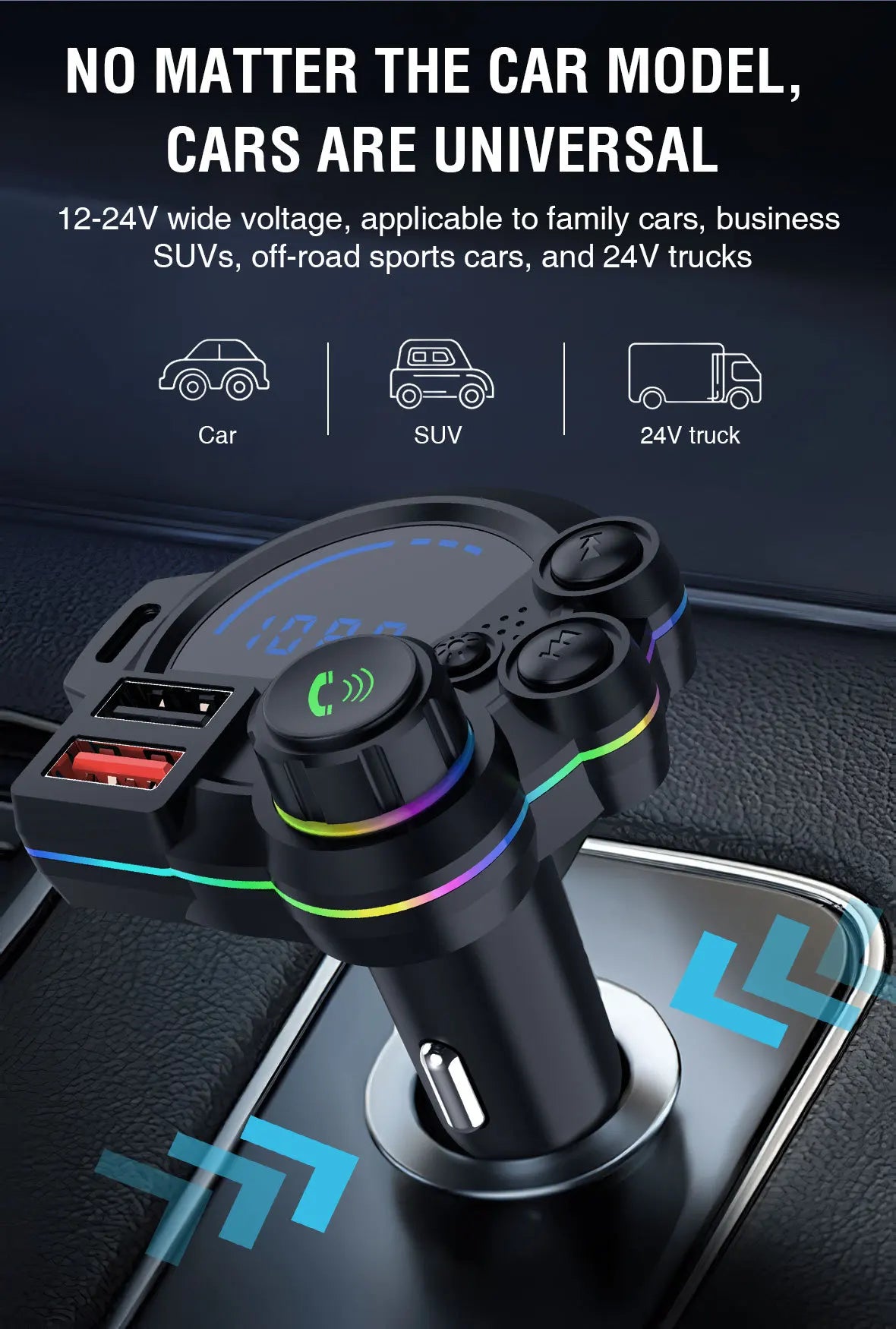 Bluetooth 5.3 FM Transmitter Handsfree Car AUX Radio Modulator MP3 Player with QC3.0 & PD20W Fast Charge Adapter Car Accessories
