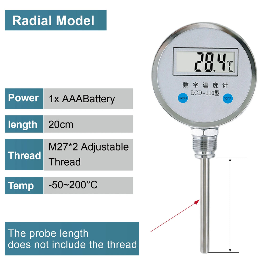 Digital Bimetal Thermometer LCD‑110 Stainless Steel Probe High Precision Water Temp Gauge Axial/Radial Mount IP65