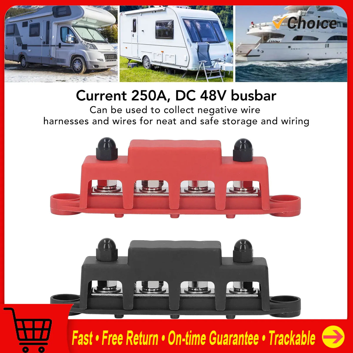 Power Distribution Block M8 Screw 4 Terminal Bus  DC 48V 250A for Automobile Boat Power Distribution Block Bus  250A