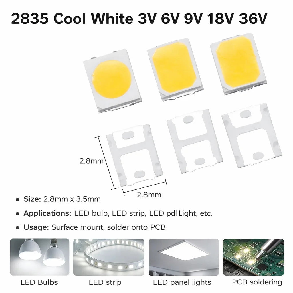 SAMIROB 100pcs High Brightness SMD LED 3V 6V 9V 18V 36V 2835 1W 0.5W 0.2W White 150MA/100MA/30MA/60MA/80MA 6000-6500K