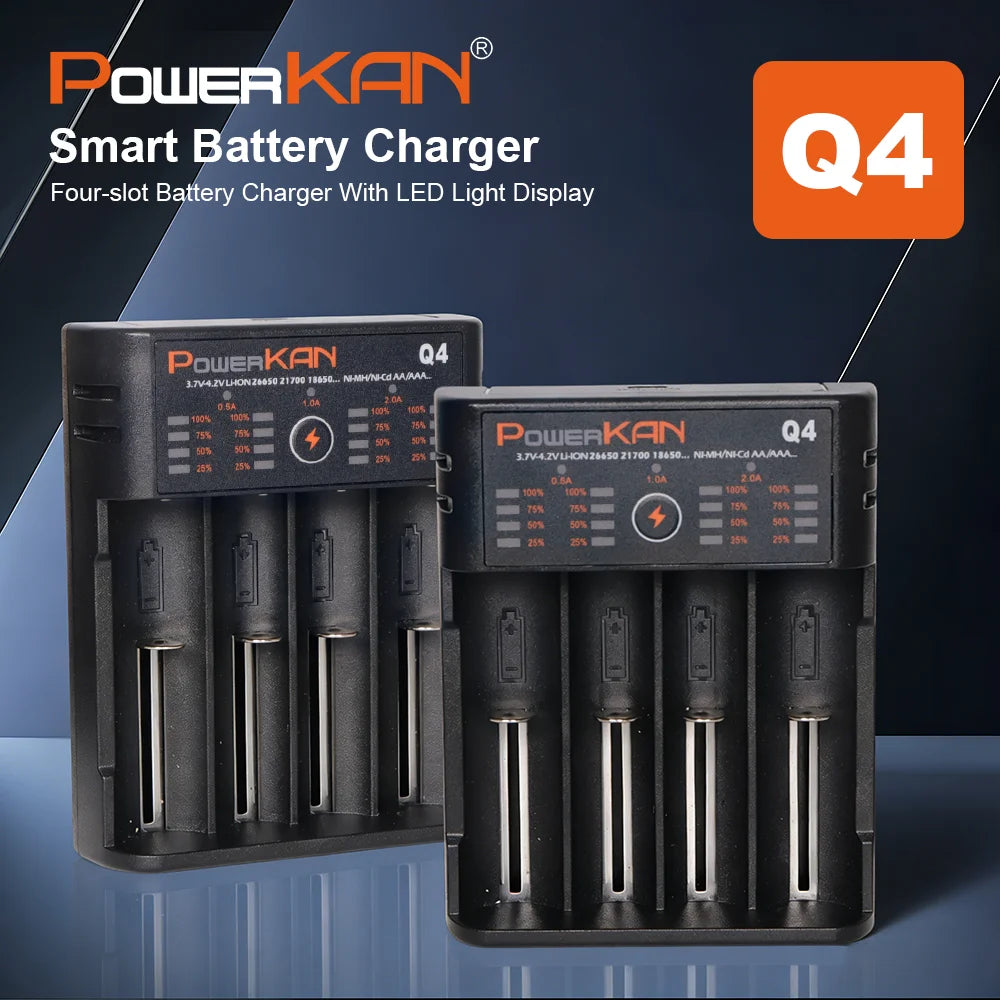 POWERKAN Q4 4-Bay Charger for 1.2V Ni-MH AA AAA & 3.7V Li-ion 18650 26650 Batteries with USB Output