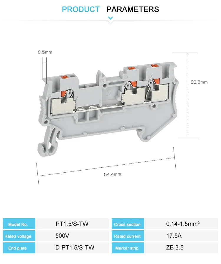 10Pcs PT1.5-TW PT 1.5-TW Push-In Twin 3-Conductor Feed-Through Strip Wire Electrical Connector Din Rail Terminal Block PT 1.5TW