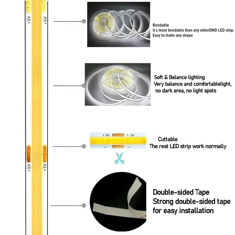 320Leds/M 8mm COB LED Strip DC 12V 24V Flexible High Bright Tape LED Light Bar Ice Blue White Red Green Pink Yellow LED Lighting