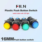 FILN 16mm 5-Unit LED Push Button Switch Momentary Latching Plastic Button 5pins Red Green Blue 12V 24V 220V Industrial Equipment