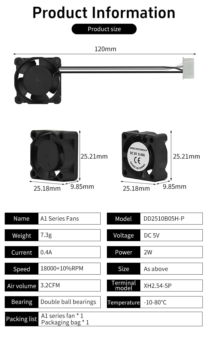 5015 Cooling Fan for Lab A1 A1mini Hotend Fan with Cable Rapid Cooler Fan 2510 Axial Fan Kit for X1 X1C P1P P1S 3D Printer Parts