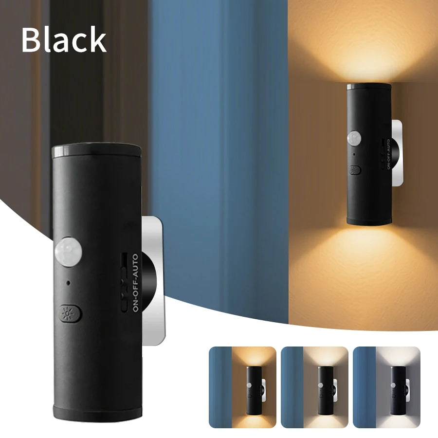 Rechargeable Motion Sensor LED Night Light Double Head Magnetic 3 Color Wall Lamp USB Charging for Closet Stairs Hallway Kitchen