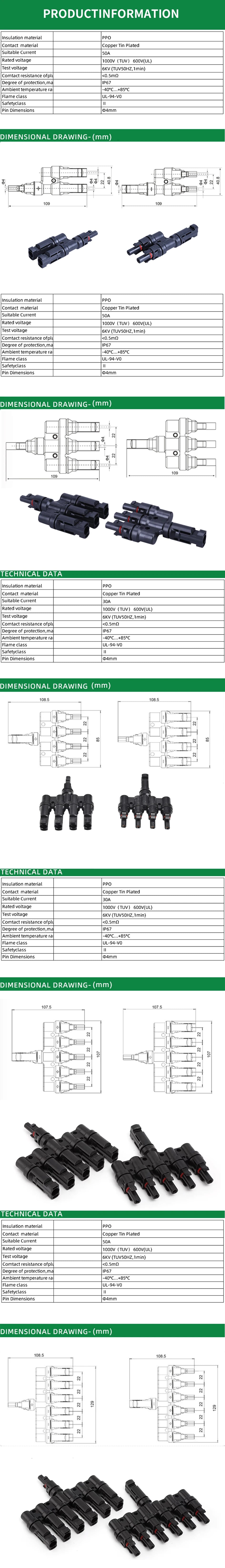 MC4 Solar Connector T Type Y Branch PV Panel Parallel Connection Waterproof IP67 Male Female 2Pcs Solar Cell Plug