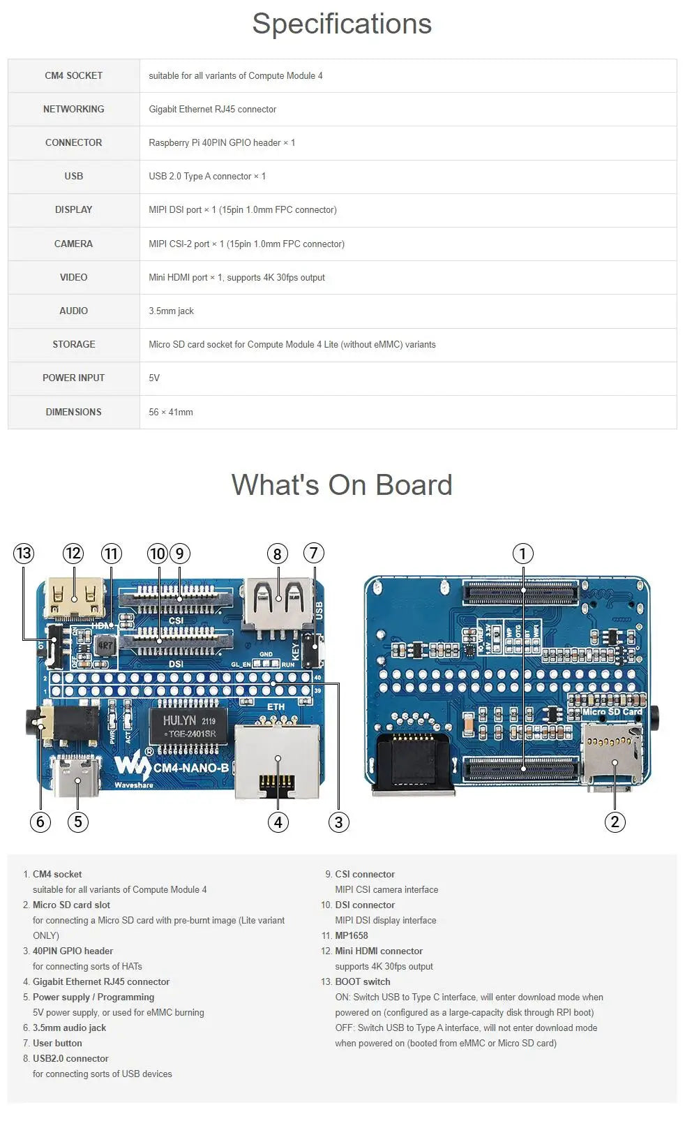 Raspberry Pi Compute Module 4 Nano Base Board Option CM4-NANO-A/B/C IO Board Same Size as the CM4 Not include CM4