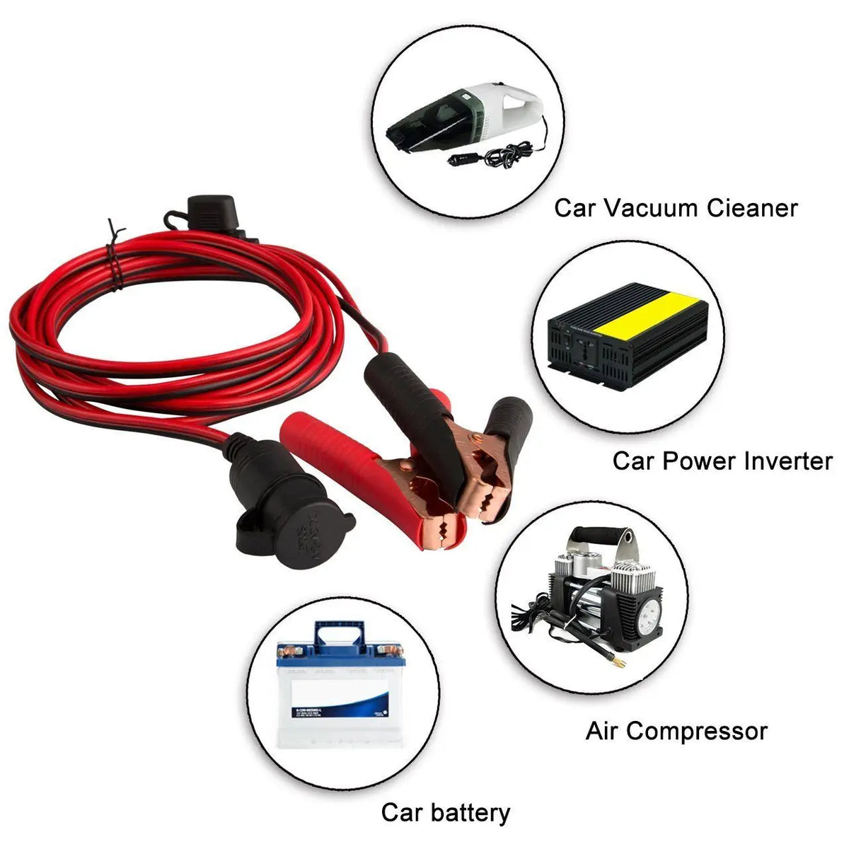 12V/ 24V Car Cigarette Lighter Socket To Battery Alligator Crocodile Clip Connector with 3Pcs Fuse Charge Cable Accessories