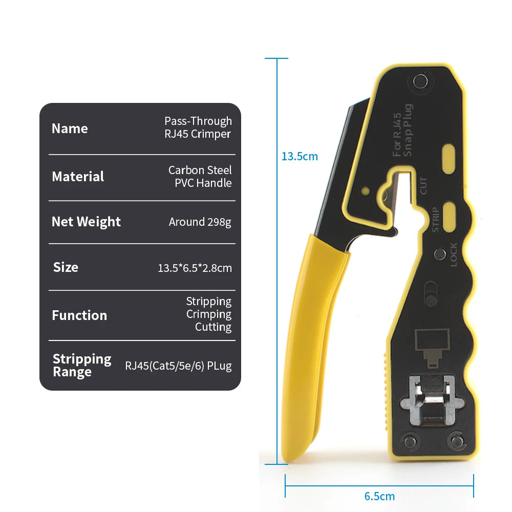 RJ45 Pass Through Crimper, Cat6 8P8C LAN Crimp Tool Kit with Wire Stripper, 10PCS Cat6 Connectors and Strain Relief Boots