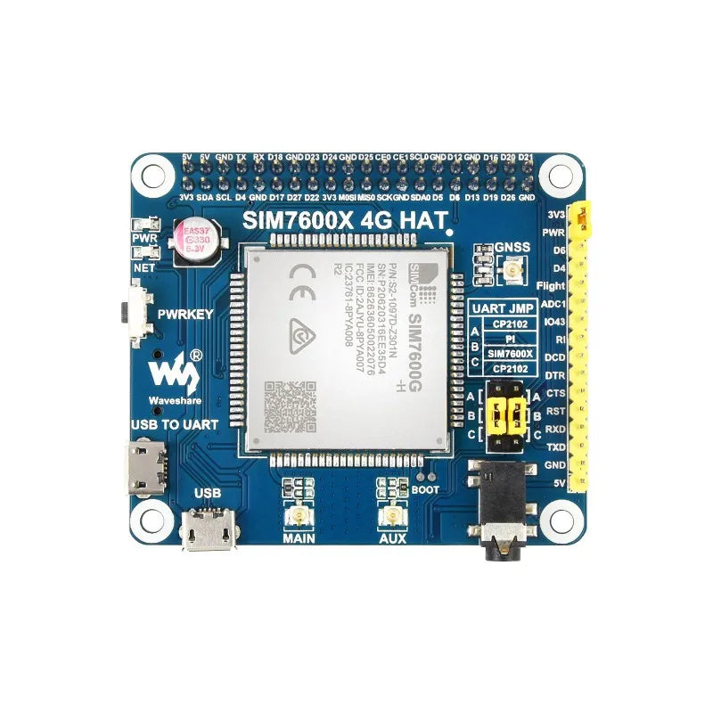 SIM7600G-H 4G HAT For Raspberry Pi, LTE Cat-4 4G / 3G / 2G Support, GNSS Positioning, Global Band SIM7600