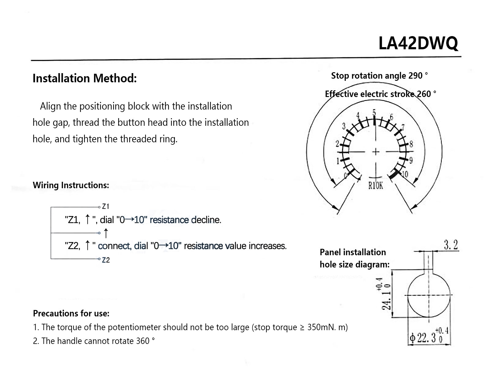 LA42DWQ-22 1/2/5/10/20/50/100/200/500K Ohm Variable Speed Drive Potentiometer 22mm Rotary Inverter Converter Resistance Switch