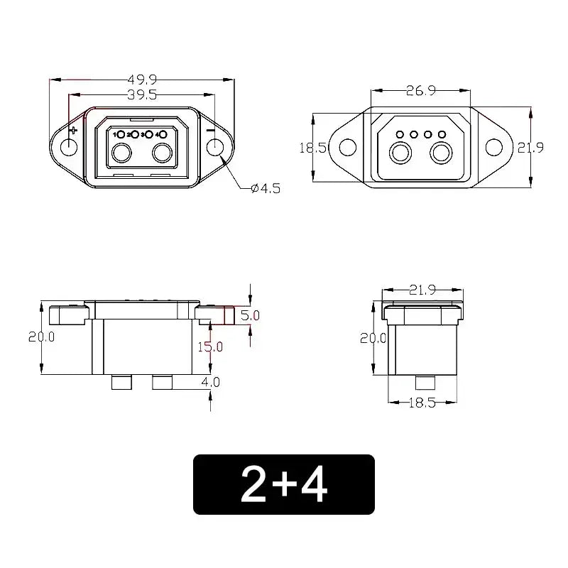 XT60/TX90 to 2+4/2+6 Cable Connector Male Female Electric Vehicle Lithium Battery Charging Socket 4 Square New Energy Power Line