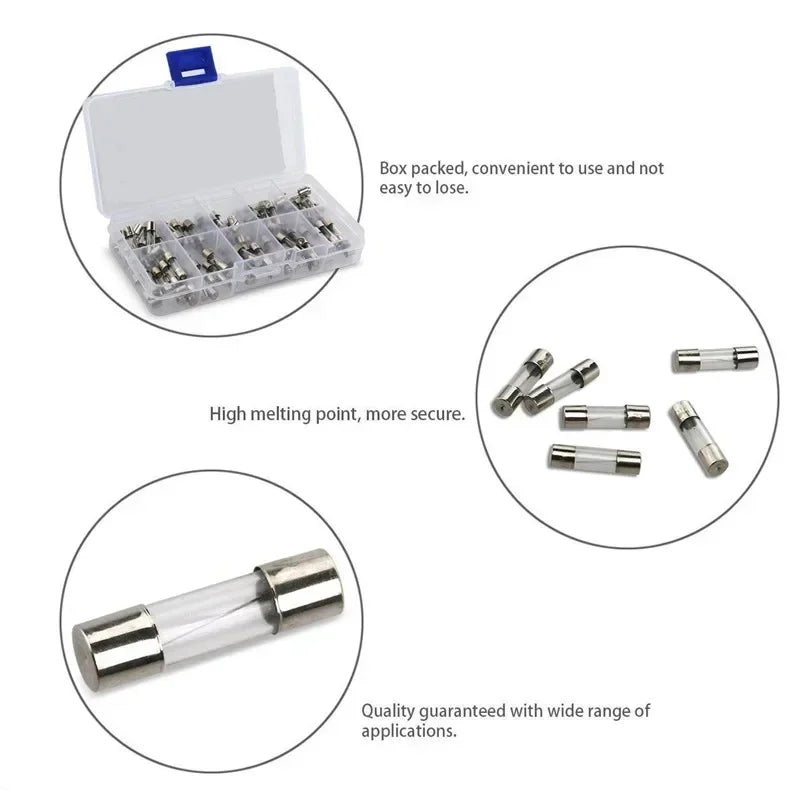 54/72/100/150/200PCS Fuse Assorted kit 5x20mm,6x30mm Quick Blow Glass Tube 0.2A-30A Blow Glass Fuse 10and 15Value electronics ﻿
