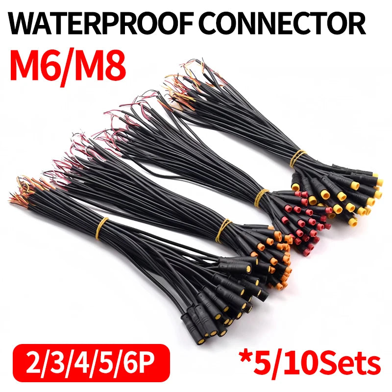 5/10 Set M6/M8 Julet Electric Butt Plug Connectors - 2/3/4/5/6 Pin, for Scooter Brake Cable & Signal Sensor (20CM)