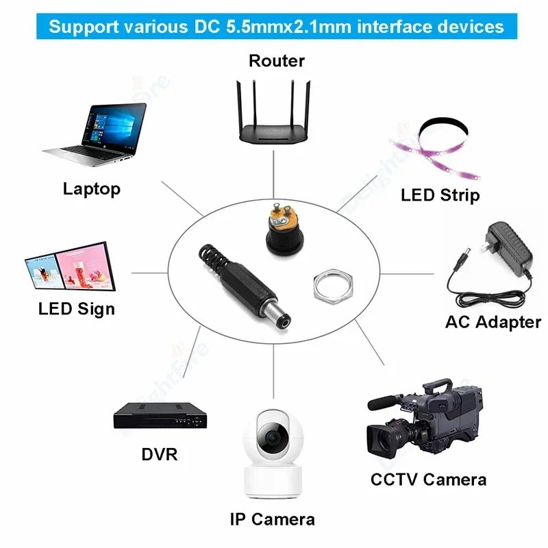 12V 3A 5.5mm 2.1mm Plug Socket DC Connectors DC Power Socket Male Female Jack Screw Nut Panel Mount DC Power Adapter Connector