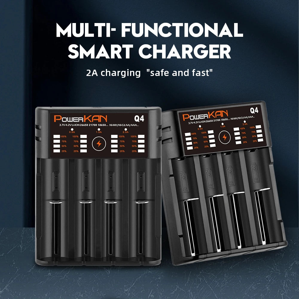 POWERKAN Q4 4-Bay Charger for 1.2V Ni-MH AA AAA & 3.7V Li-ion 18650 26650 Batteries with USB Output