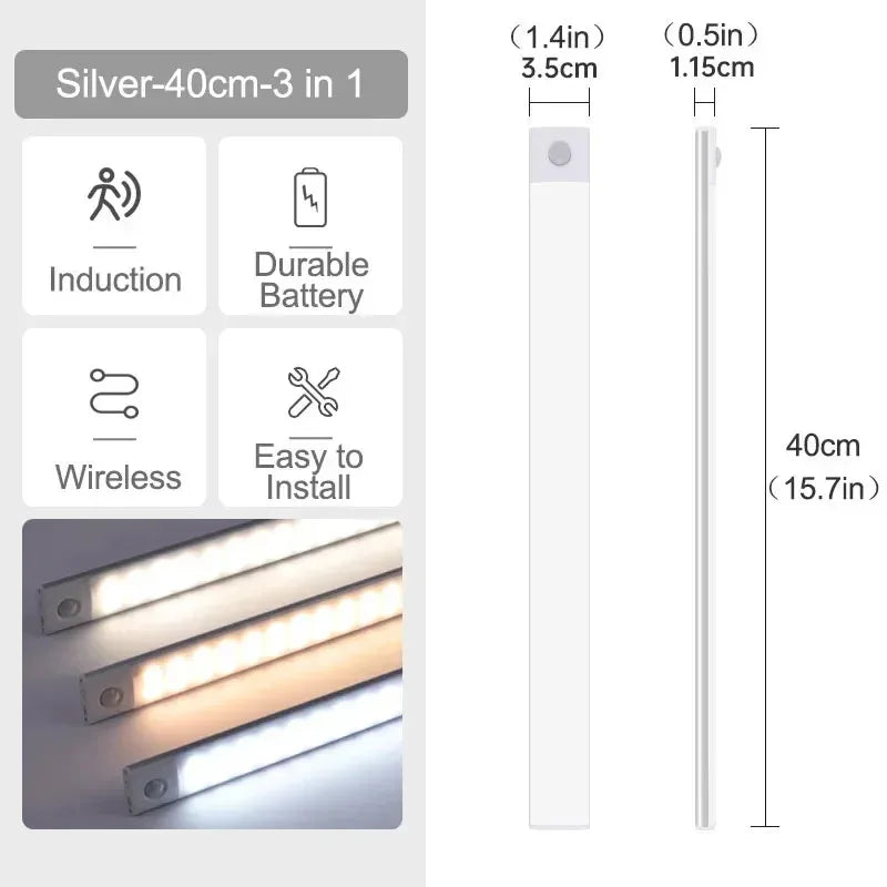 10-60cm USB Rechargeable Ultra-Thin Motion Sensor Light Magnetic Mount  3-Color Adjustment Under Cabinet Light for Home Office