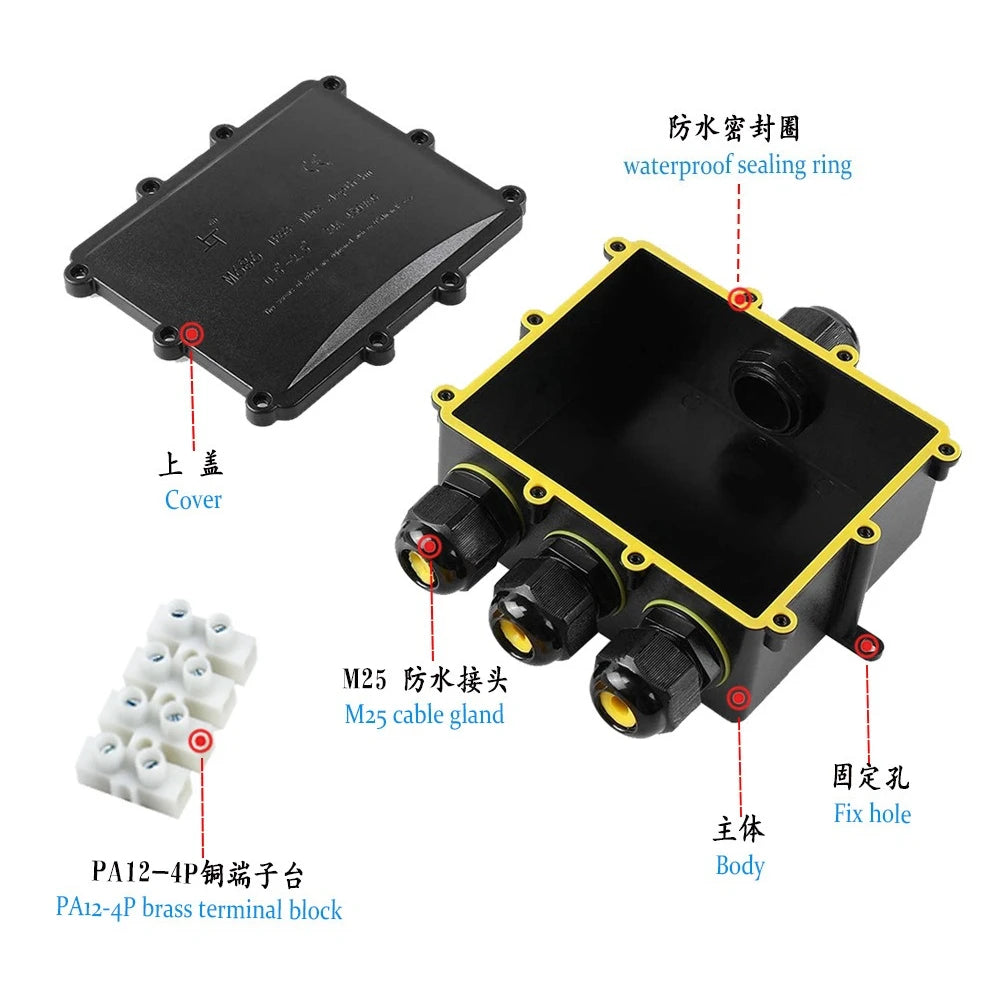 4Way 1In3Out IP68 Waterproof 4-14mm Solar Power Cord Exte LED Pool Lamp Outdoor Street Underground Light Wire Cable Junction Box