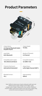 YS-1002T YS-502L Bluetooth 5.0 Audio Amplifier Board 2.0 Channel Stereo Power Amp Module 50W X2 100W X2 AUX Input For DIY Speaker Home Audio
