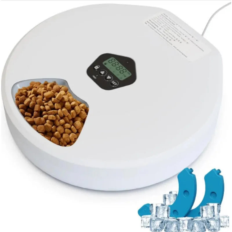 Automatic Cat Feeder 5 Meals Programmable Timer Rechargeable with 2 Ice Packs for Kitten Small Dog Pet Food Dispenser
