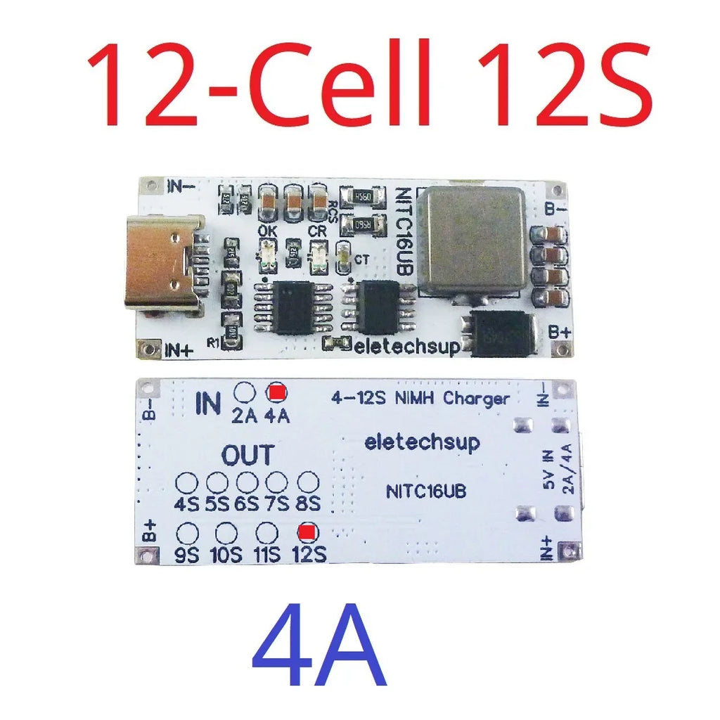 2A/4A 4-12 Cell NIMH Charger Module TYPE-C DC 5V Boost BMS CC/CV NiCd for 4.8V 6V 7.2V 8.4V 9.6V 10.8V 12V 13.2V 14.4V Battery