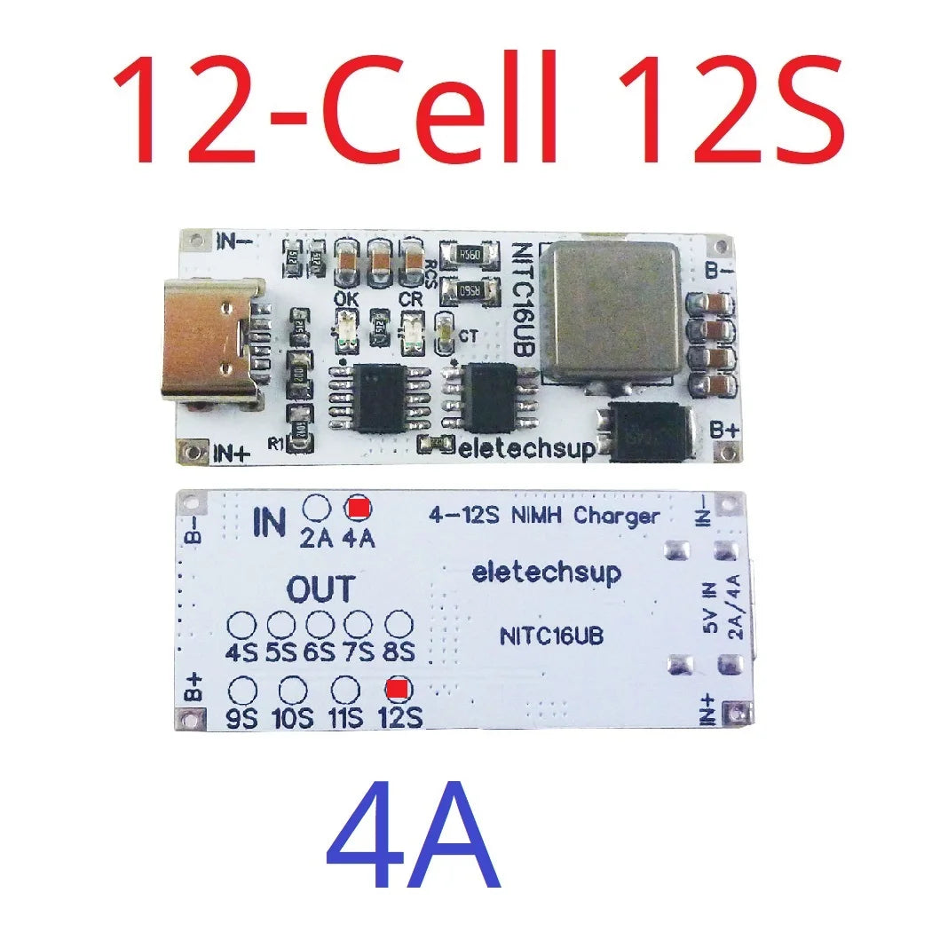 2A/4A 4-12 Cell NIMH Charger Module TYPE-C DC 5V Boost BMS CC/CV NiCd for 4.8V 6V 7.2V 8.4V 9.6V 10.8V 12V 13.2V 14.4V Battery